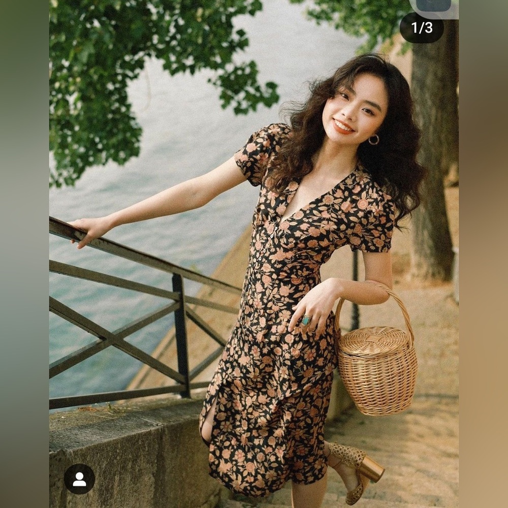 Realisation The Monica Silk Floral Midi Dress Fantasy Black Pink Small EUC - Picture 11 of 14